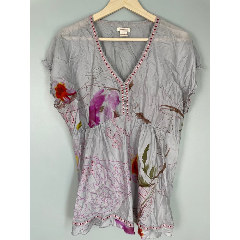 Sundance 100% Silk Floral Peasant Blouse Size L Grey/Pink Embroidered Boho